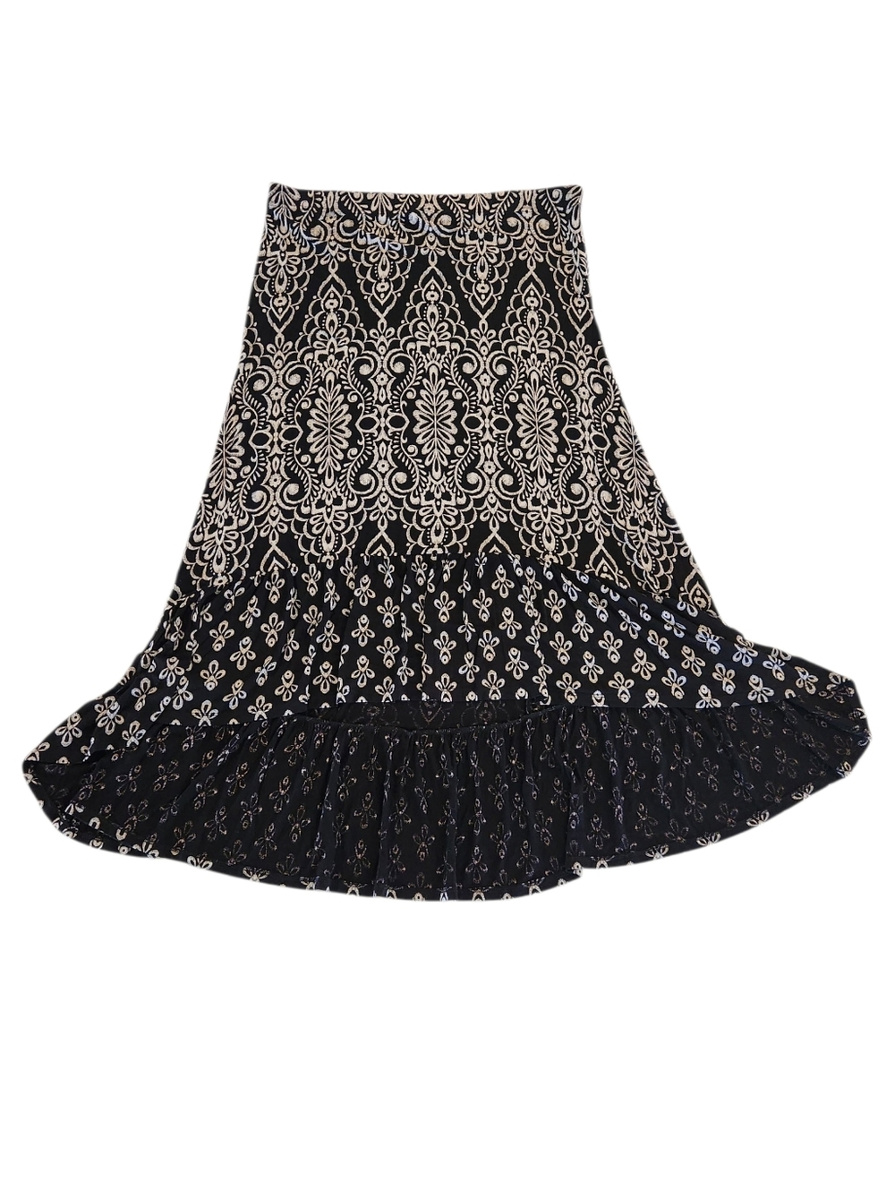 Elle Black and White Printed Hi- Low | Tiered Ruffle Maxi Skirt